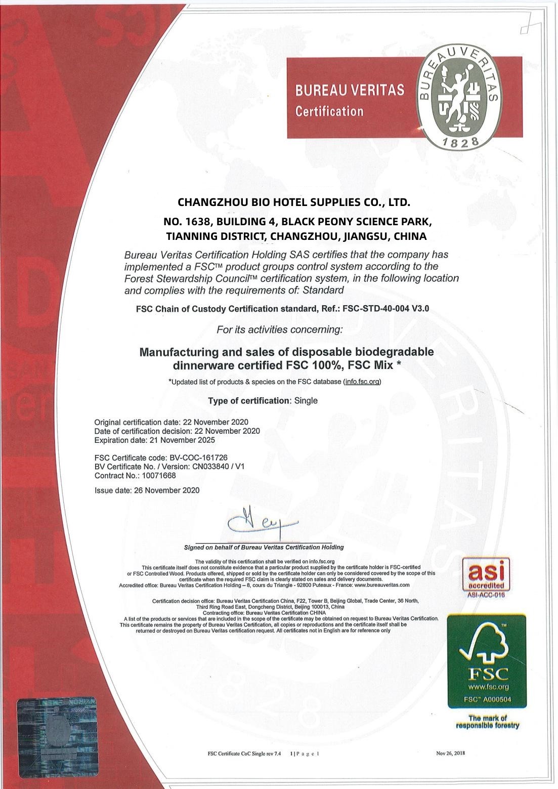 Çin Changzhou Bio Hotel Supplies Co., Ltd. Sertifikalar
